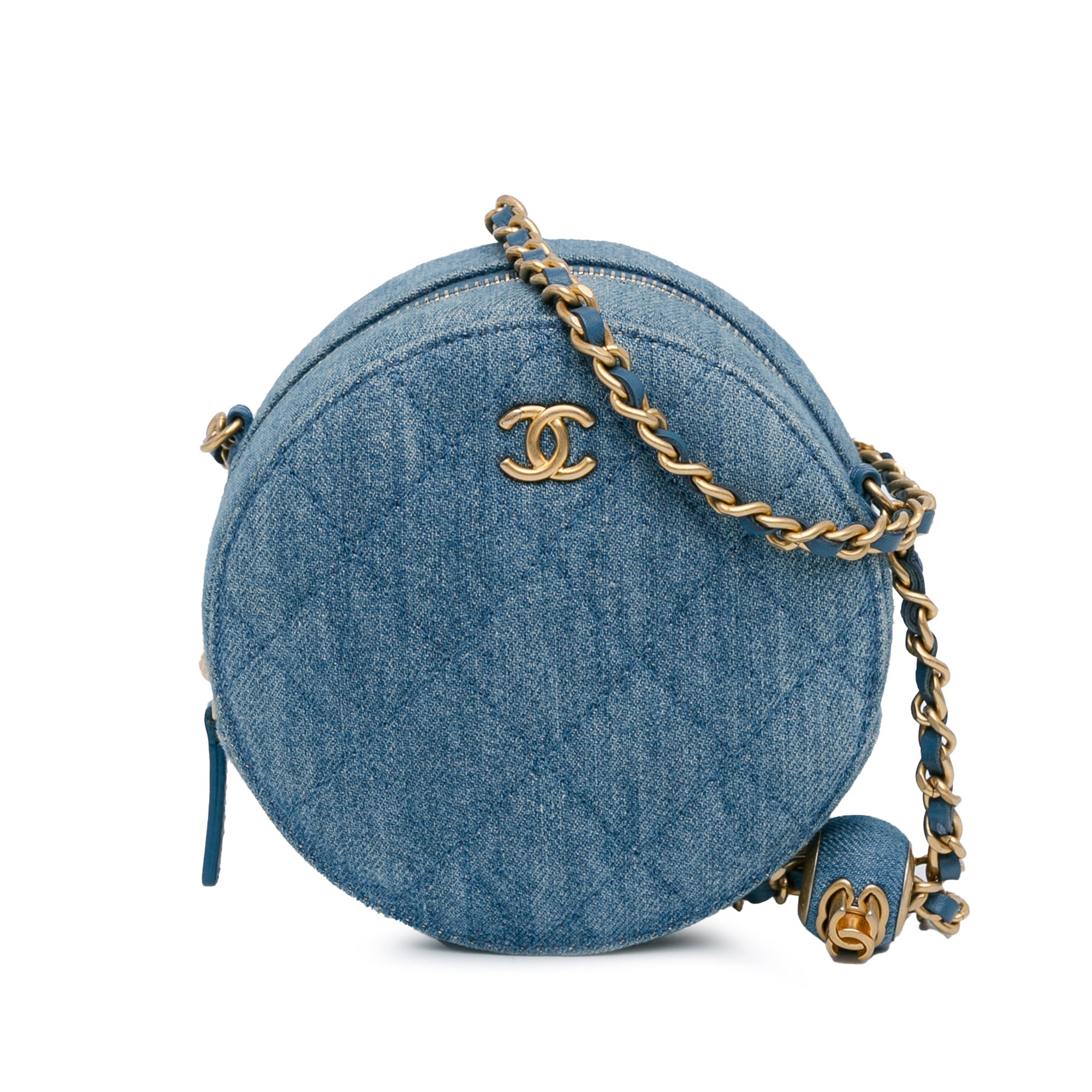 Quilted Denim Pearl Crush Round Clutch with Chain